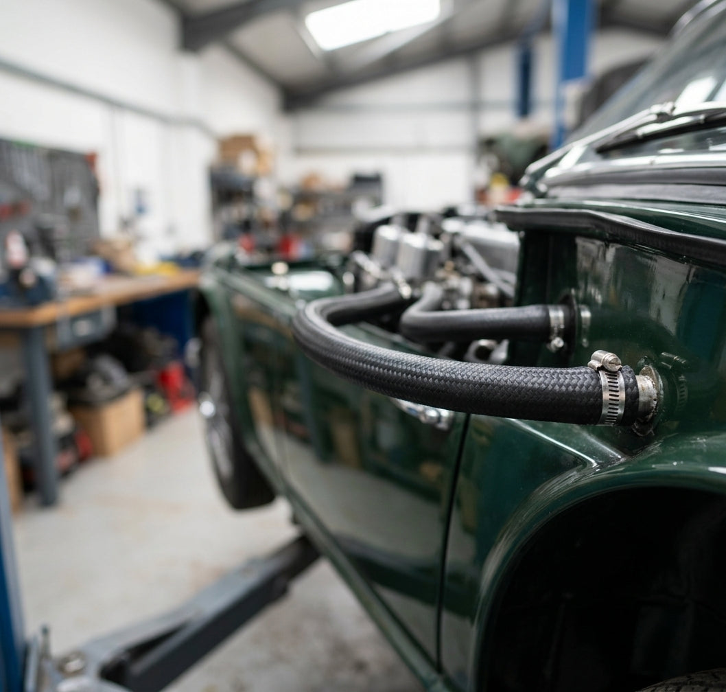 Heater feed hose fitted to the carburettors of a green Triumph's engine