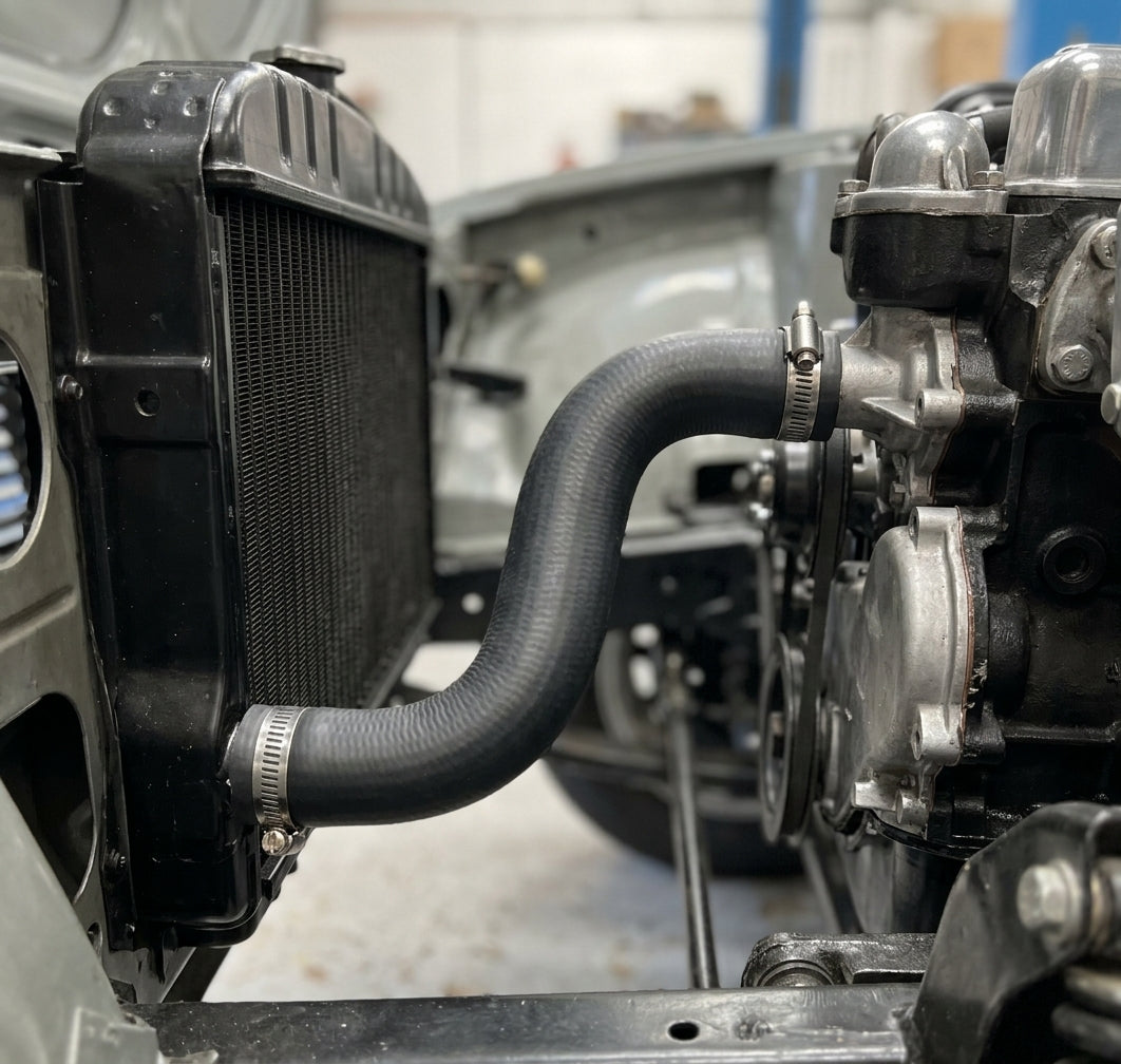 Black hose sweeping from the radiator's lower tank to the engine, fan pulley and cam cover alongside