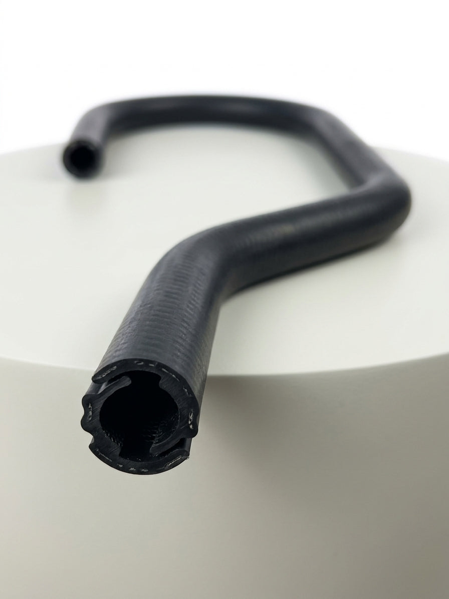 Curved black textured heater hose with cut end visible, studio shot