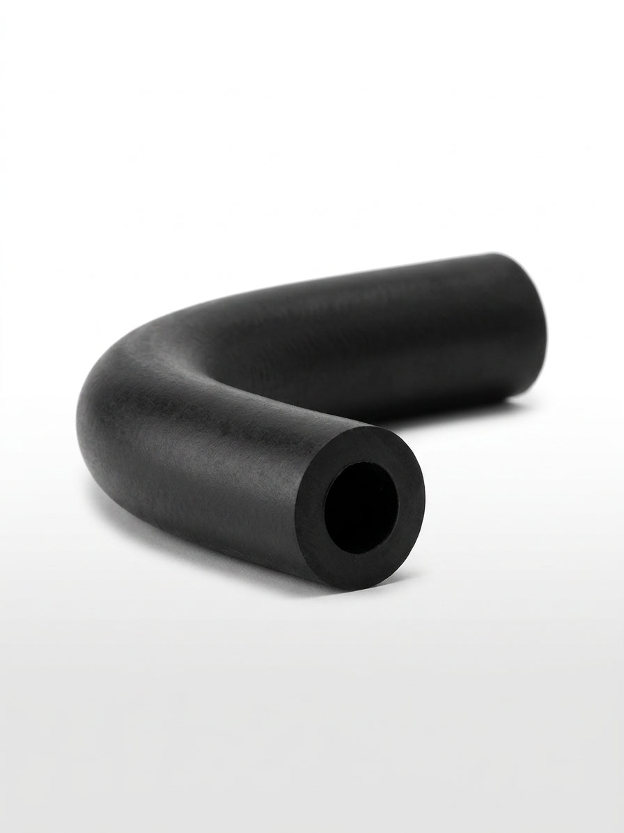 Black rubber fuel pipe elbow bent at right angle, studio shot on white