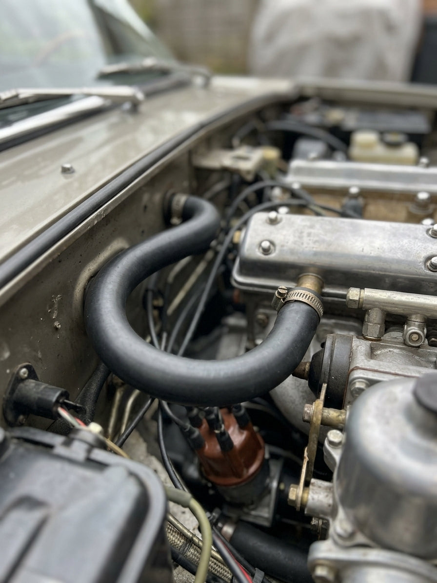 Black hose doubled back in a tight U beside the bulkhead, brass-clamped to the engine, distributor below