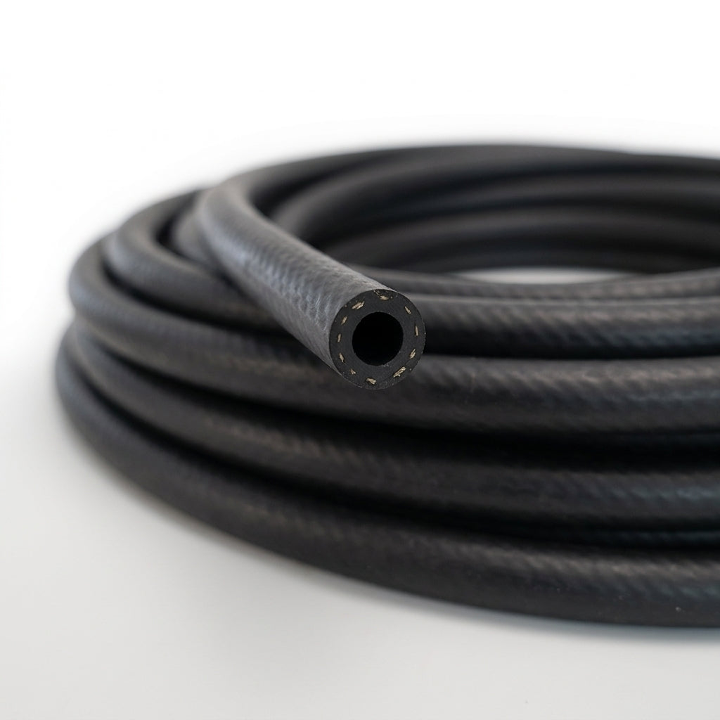 Coiled length of black textured fuel hose showing open bore, studio shot
