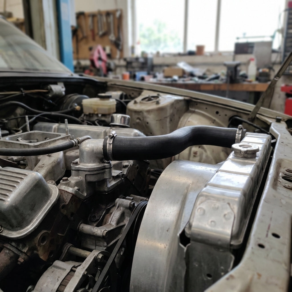 Black top hose curving from the thermostat housing over a polished alloy rocker cover, bonnet up