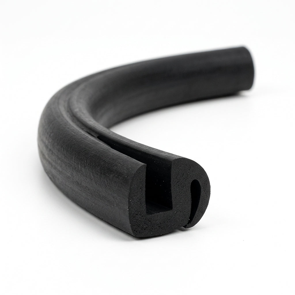 Curved length of black rubber S-shaped glazing channel, end-on view