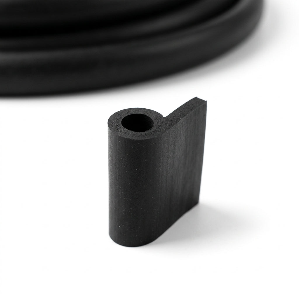Short cut length of black solid neoprene hollow piping with hooked flange, coiled length behind