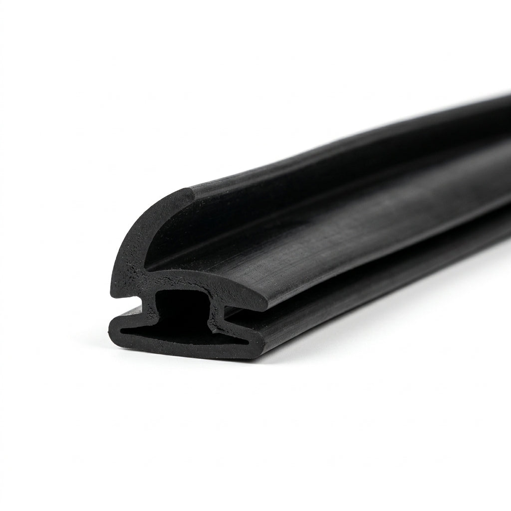 Black rubber hinge pillar seal with curved fin and hollow leg, coiled on white background