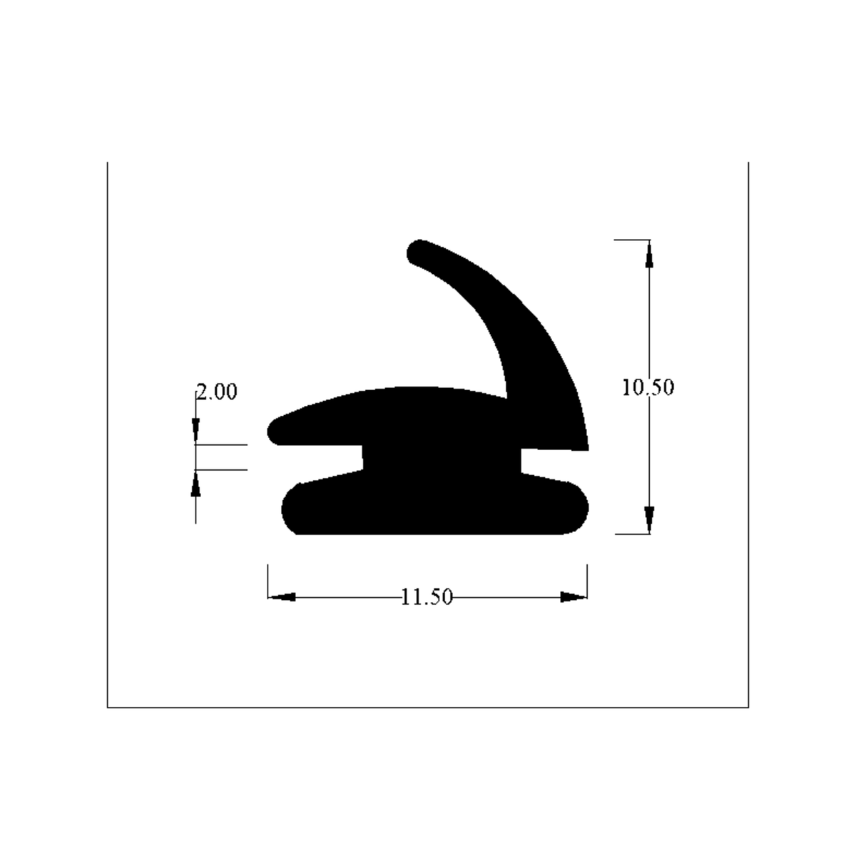 Technical diagram of hinge pillar seal profile with 2.00, 10.50 and 11.50mm dimensions