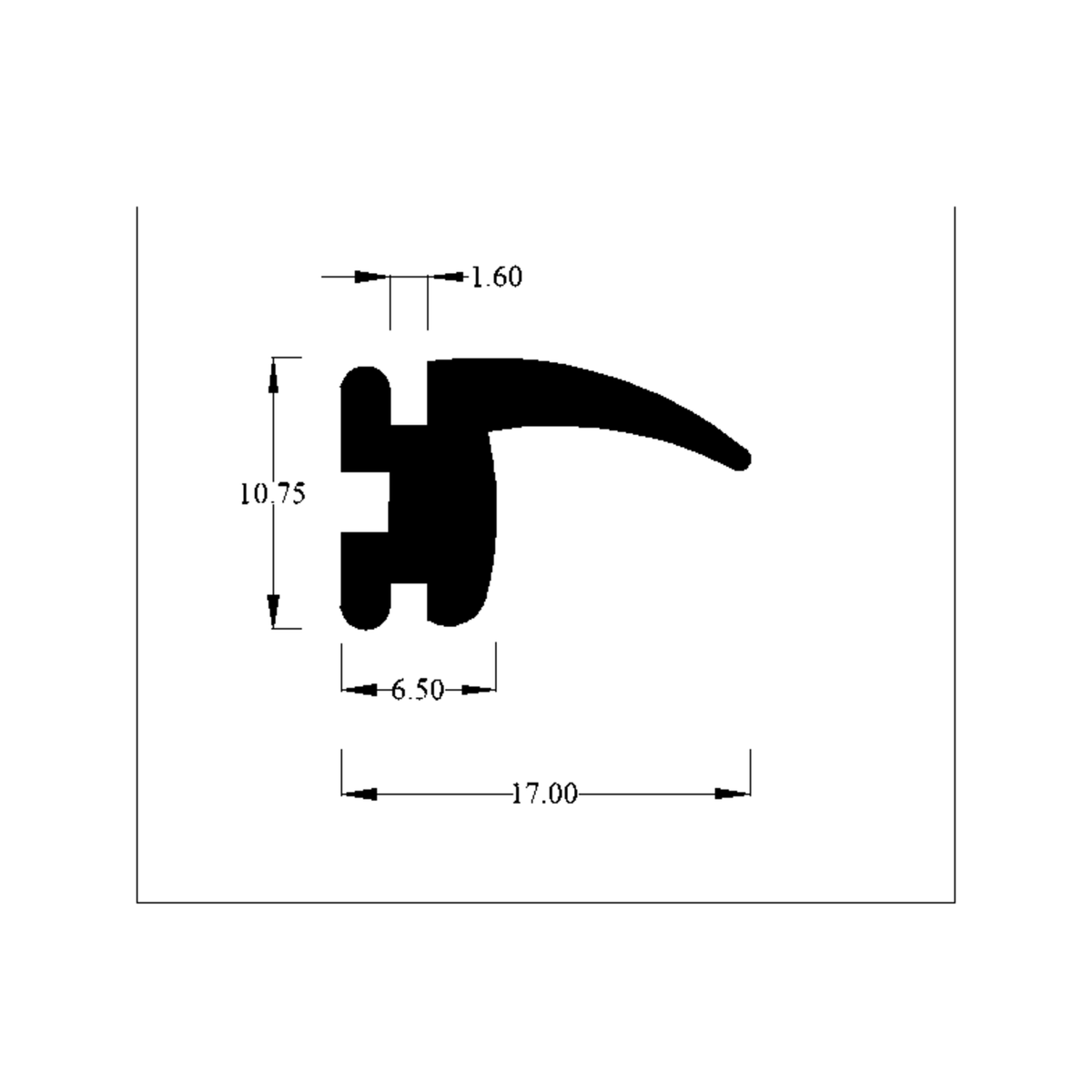 Cross-section diagram of the T-section seal's slotted profile with dimensions