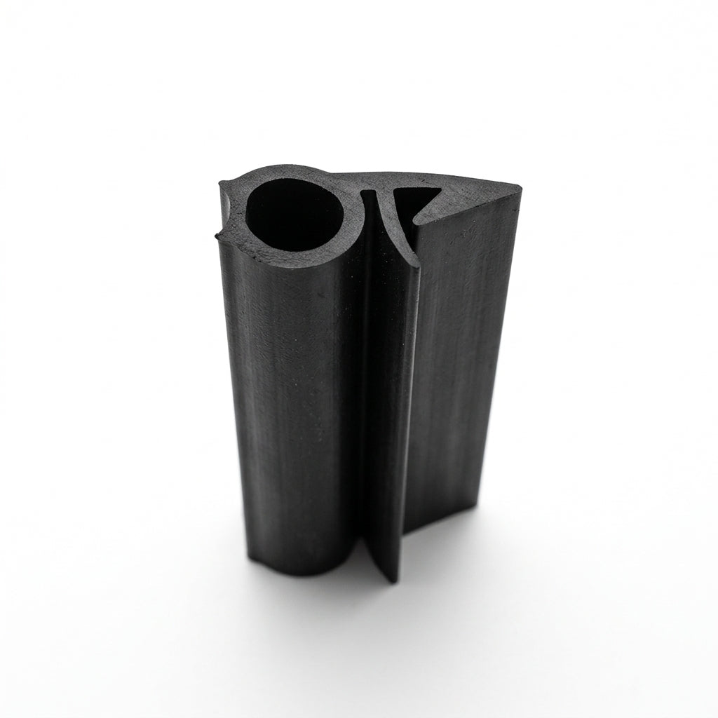 Black EPDM door seal viewed end-on, hollow round bulb with pointed flap