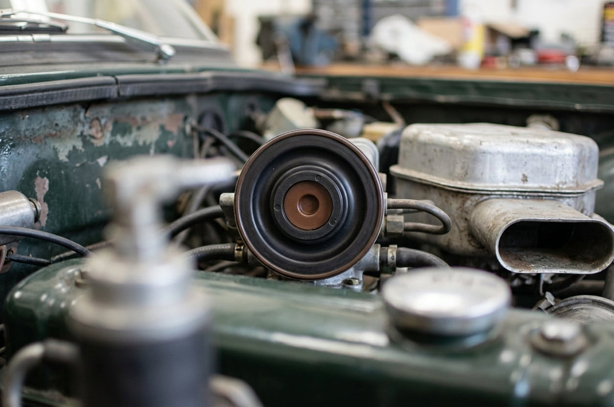 Fuel metering unit diaphragm seal fitted in a green Triumph's engine bay
