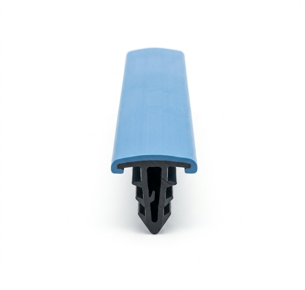 Blue bumper trim profile end-on with black clip-in base, white background