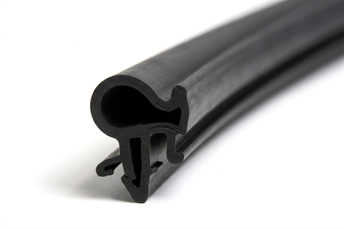 Black rubber seal with barbed leg and hollow bulb, coiled on white background