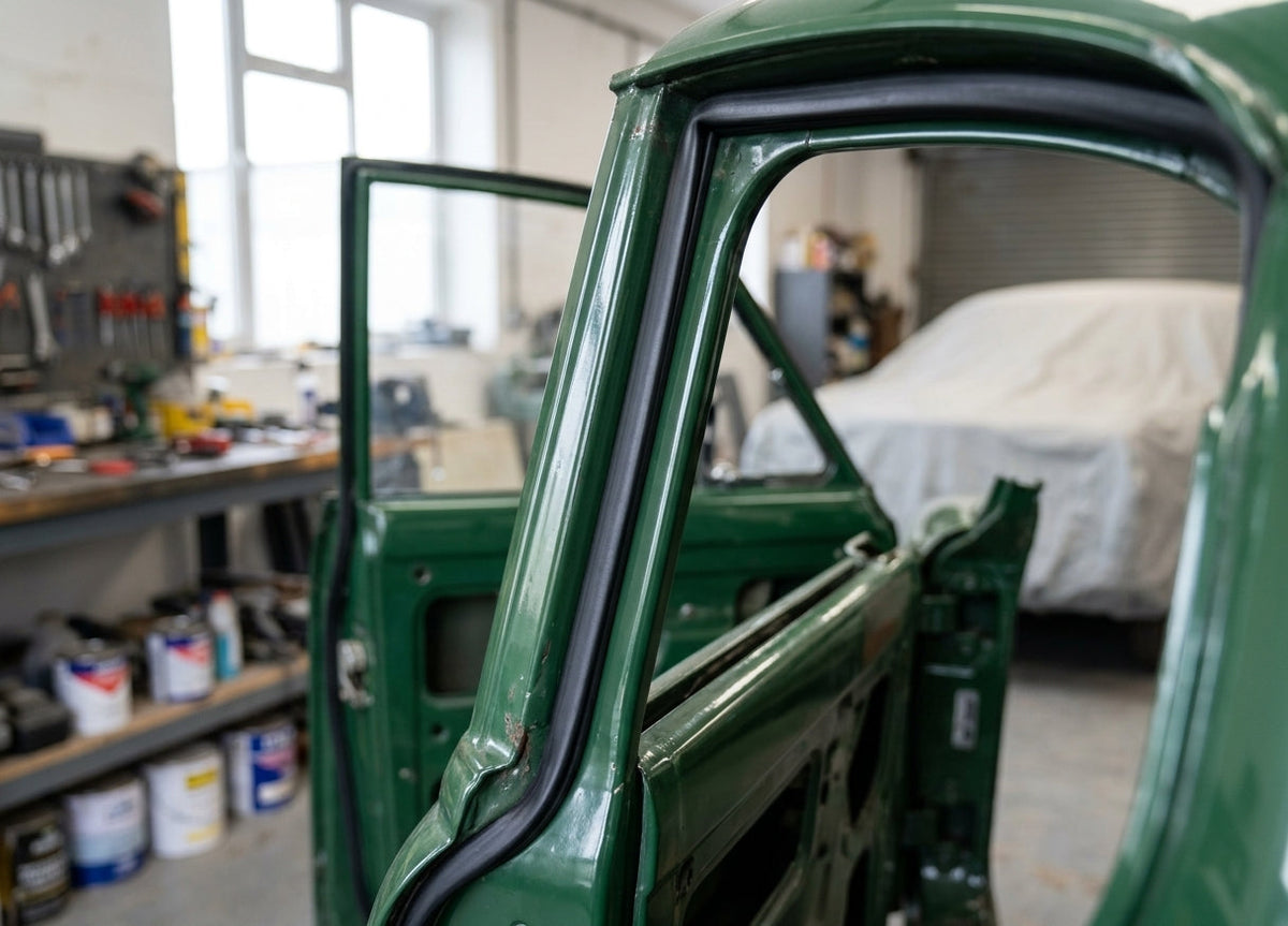 Door seal fitted along the frame of a green classic Jaguar saloon