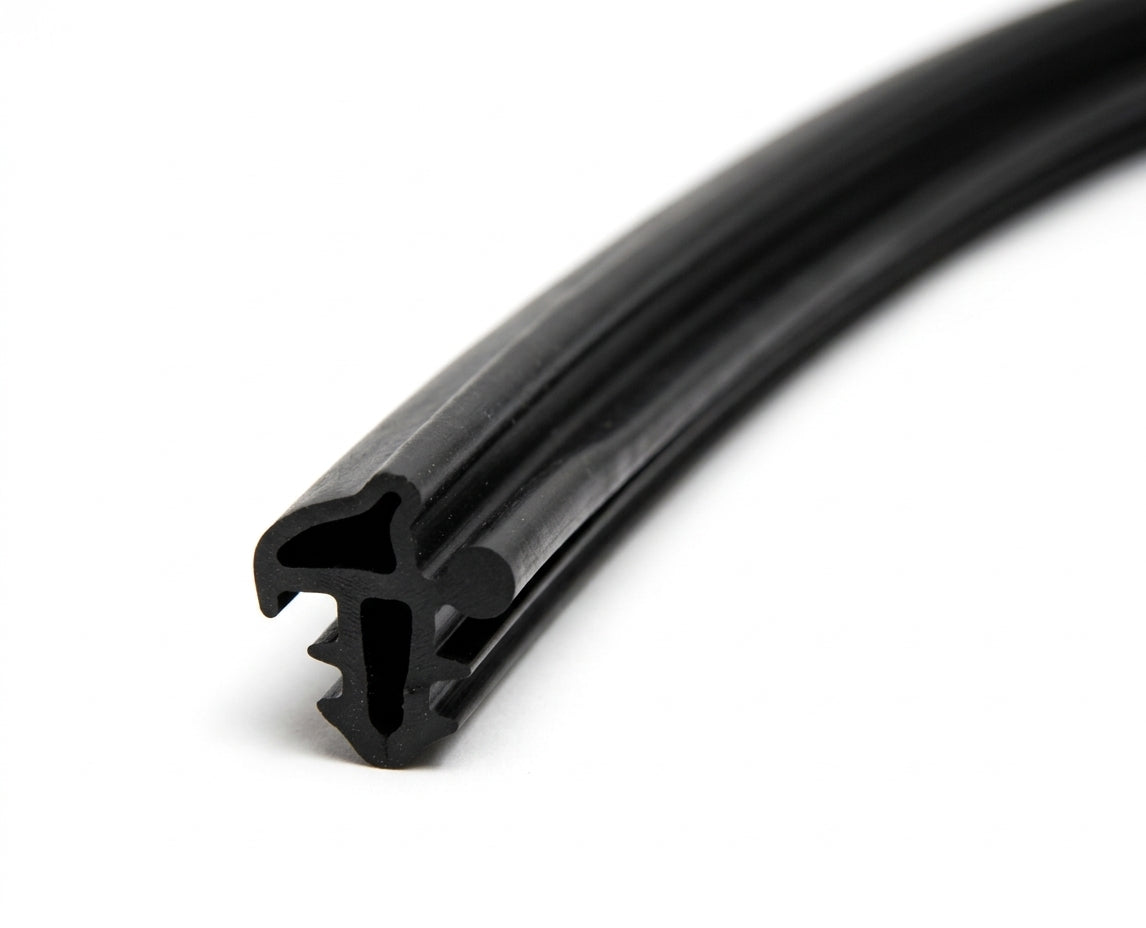 Black rubber trim seal with barbed leg profile, coiled length on white background
