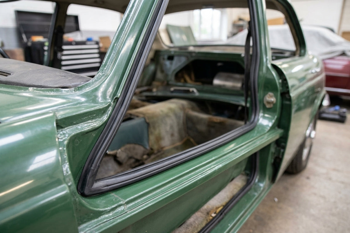 Lower door seal fitted to the sill of a green classic Jaguar saloon