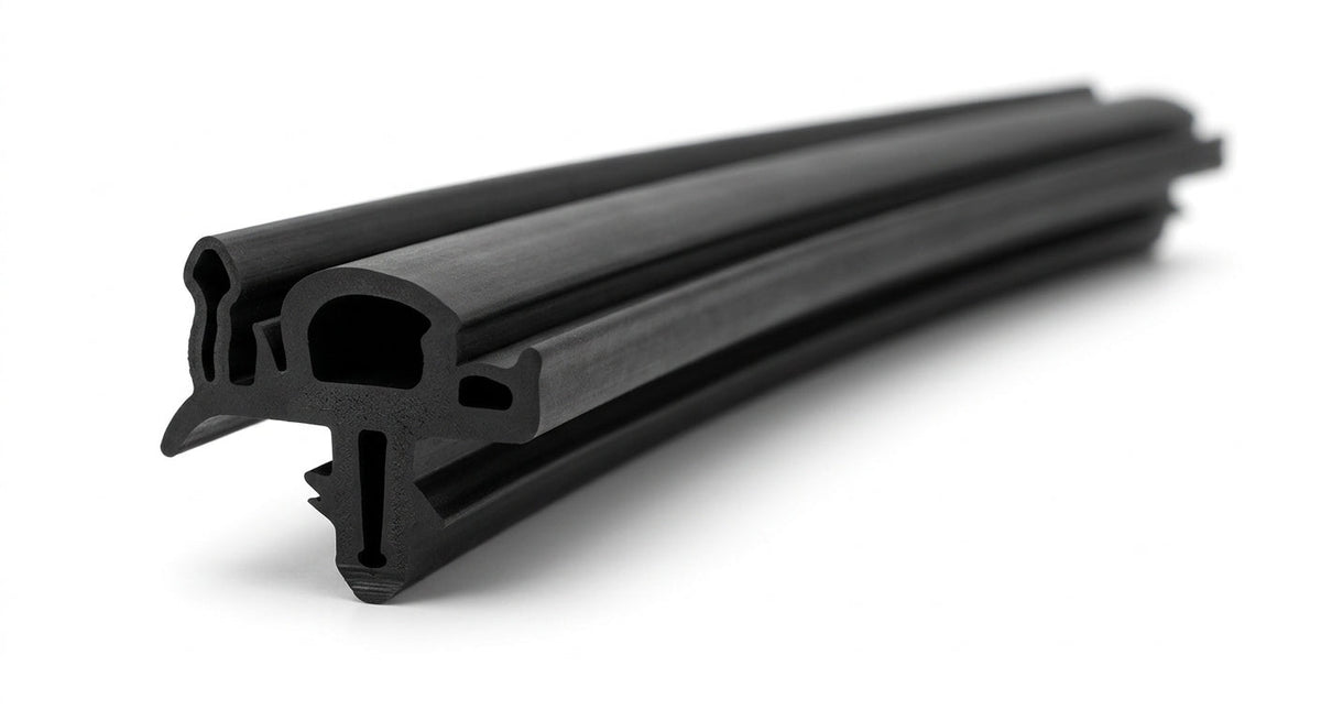 Black rubber seal with hollow bulb and fin, coiled length on white background