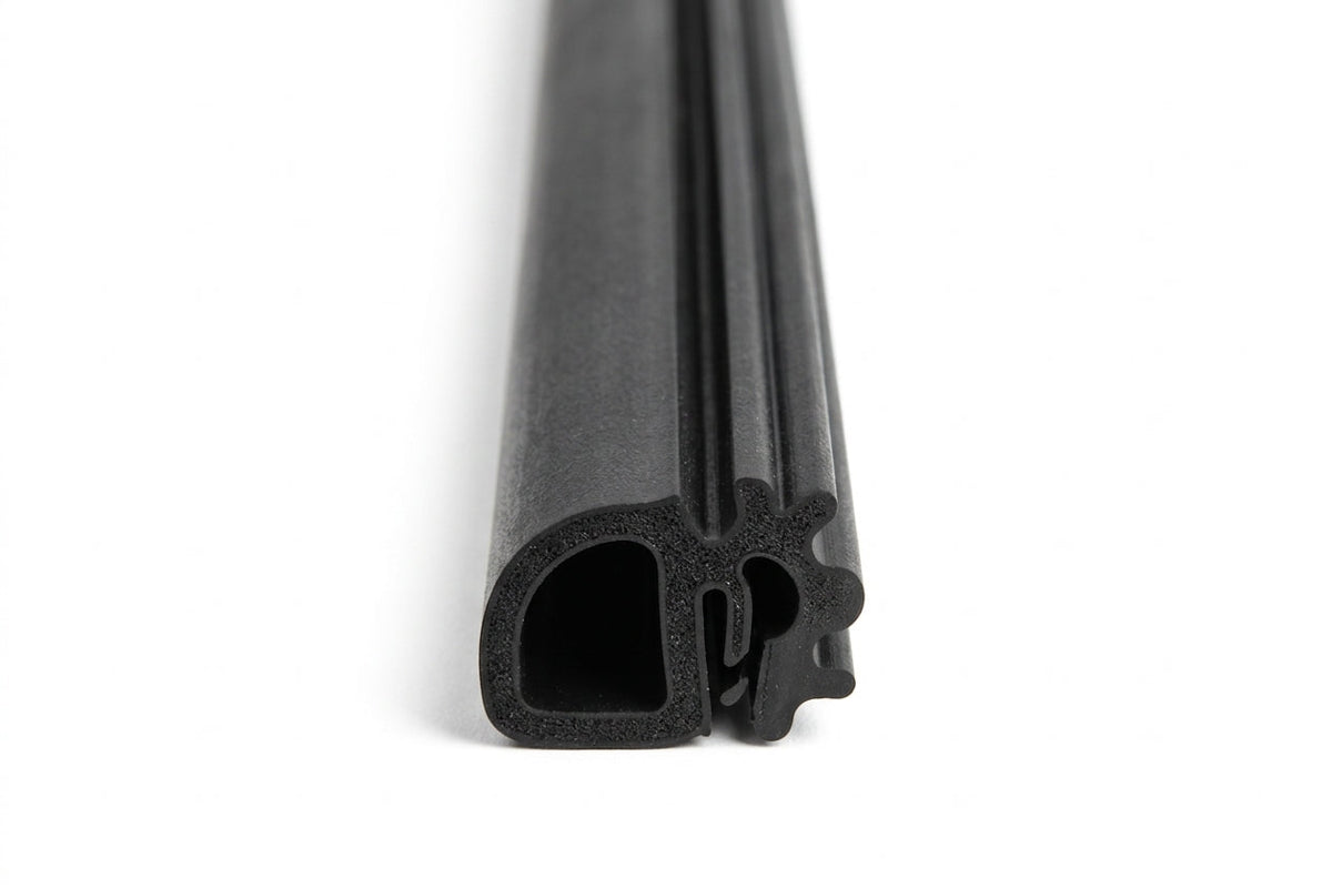 Black window rubber seal with felt-lined channel, shown end-on on white background