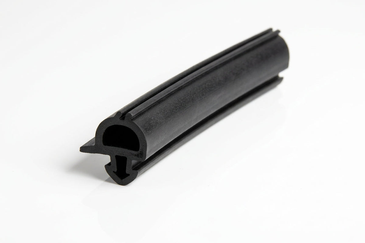 Black rubber windscreen seal with ribbed locking channel, curved length on white background