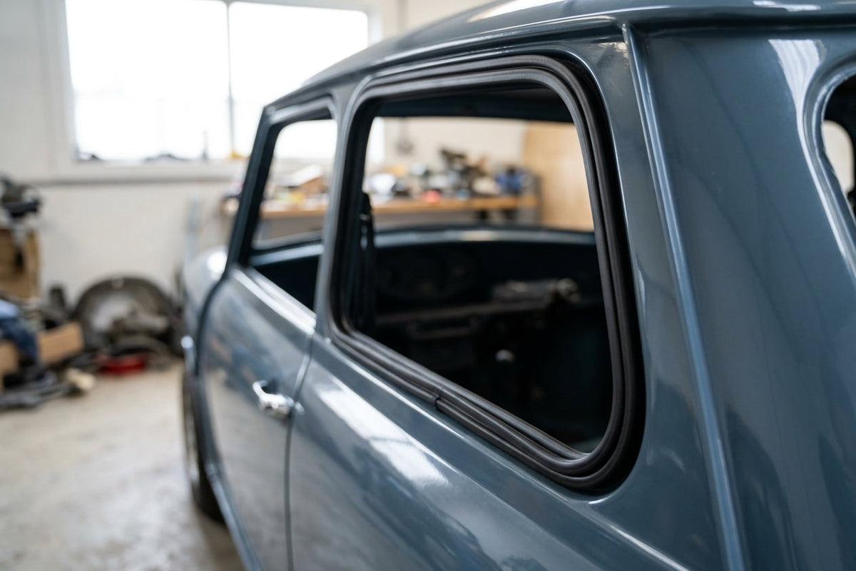 Black rubber seal fitted around the side windows of a blue-grey Mini Mk3