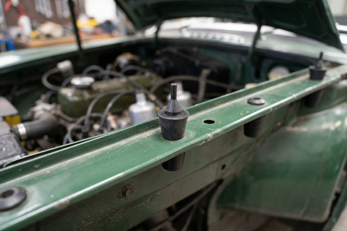 Black conical buffer fitted to the bonnet slam panel of a green classic Jaguar