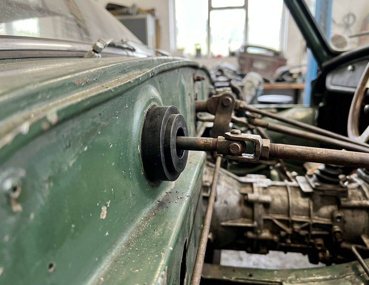 Gearbox selector linkage bush fitted through a green Triumph's bodywork