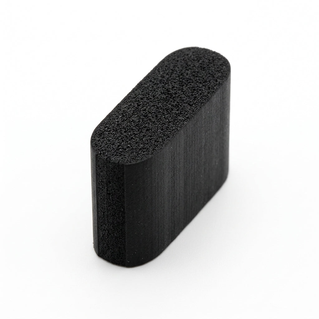Short black sponge rubber block with rounded oval end face, studio shot showing porous texture