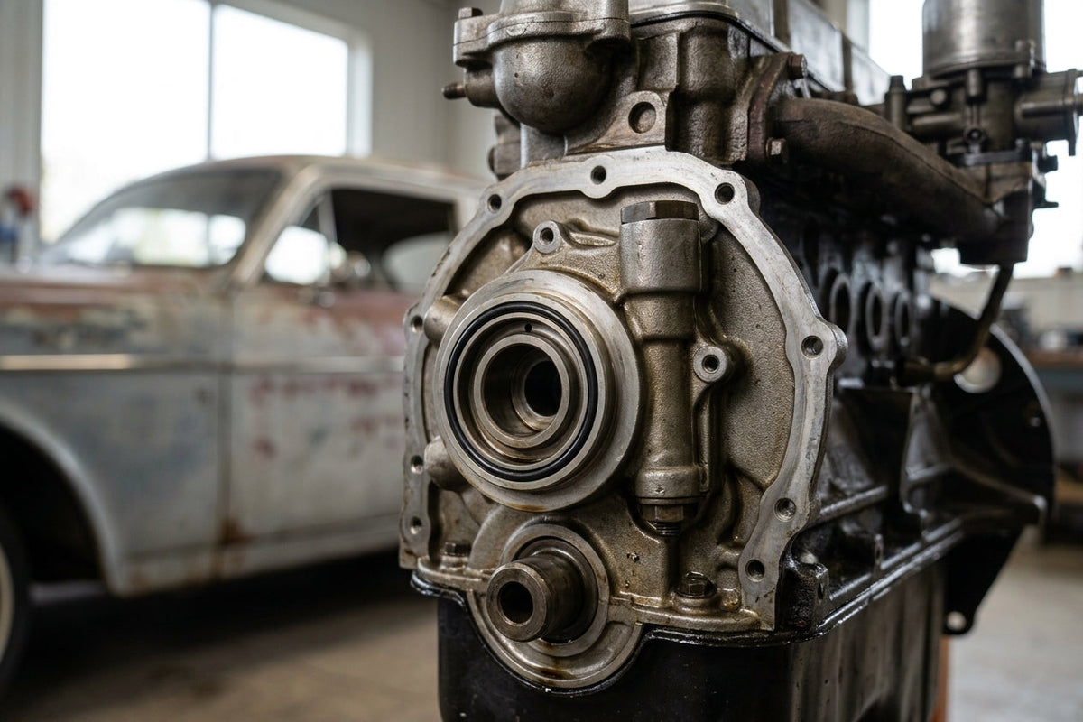 Engine block and oil pump housing on a classic Triumph in a workshop