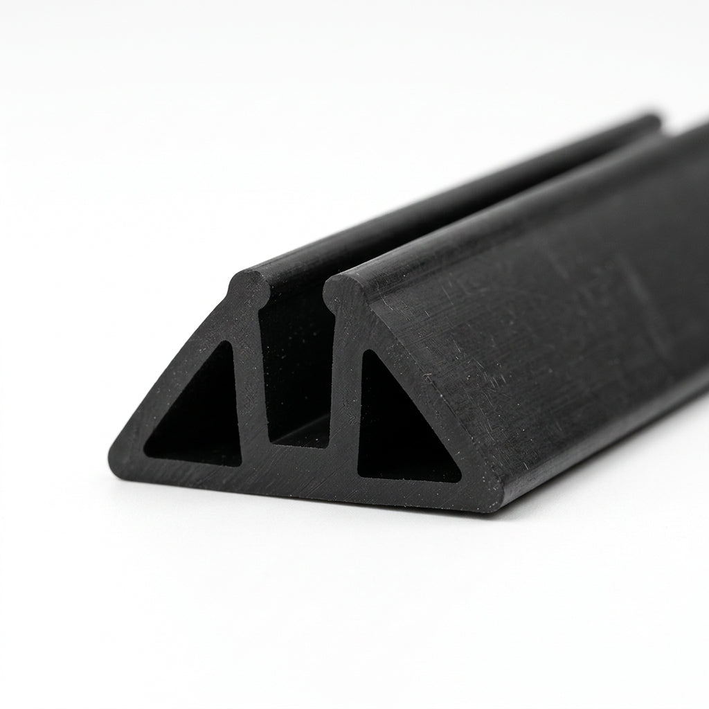 Black triangular rubber trim section with twin internal channels, studio shot