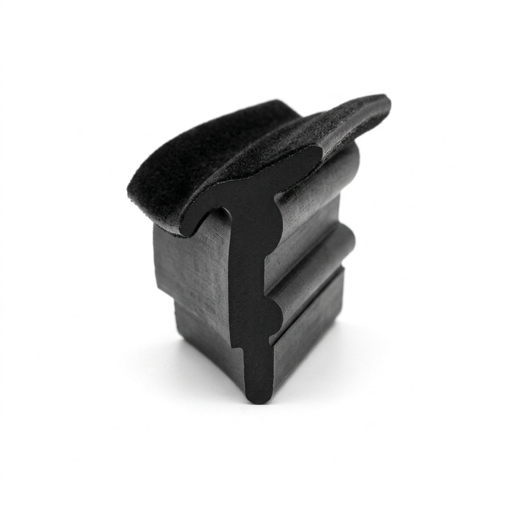 Outer waist strip shown end-on, black rubber profile with flocked felt-lined lip