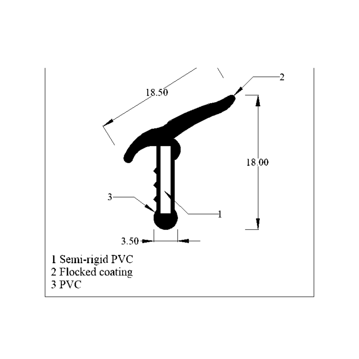 Technical line drawing of flocked outer waist strip profile with PVC core, dimensions in mm