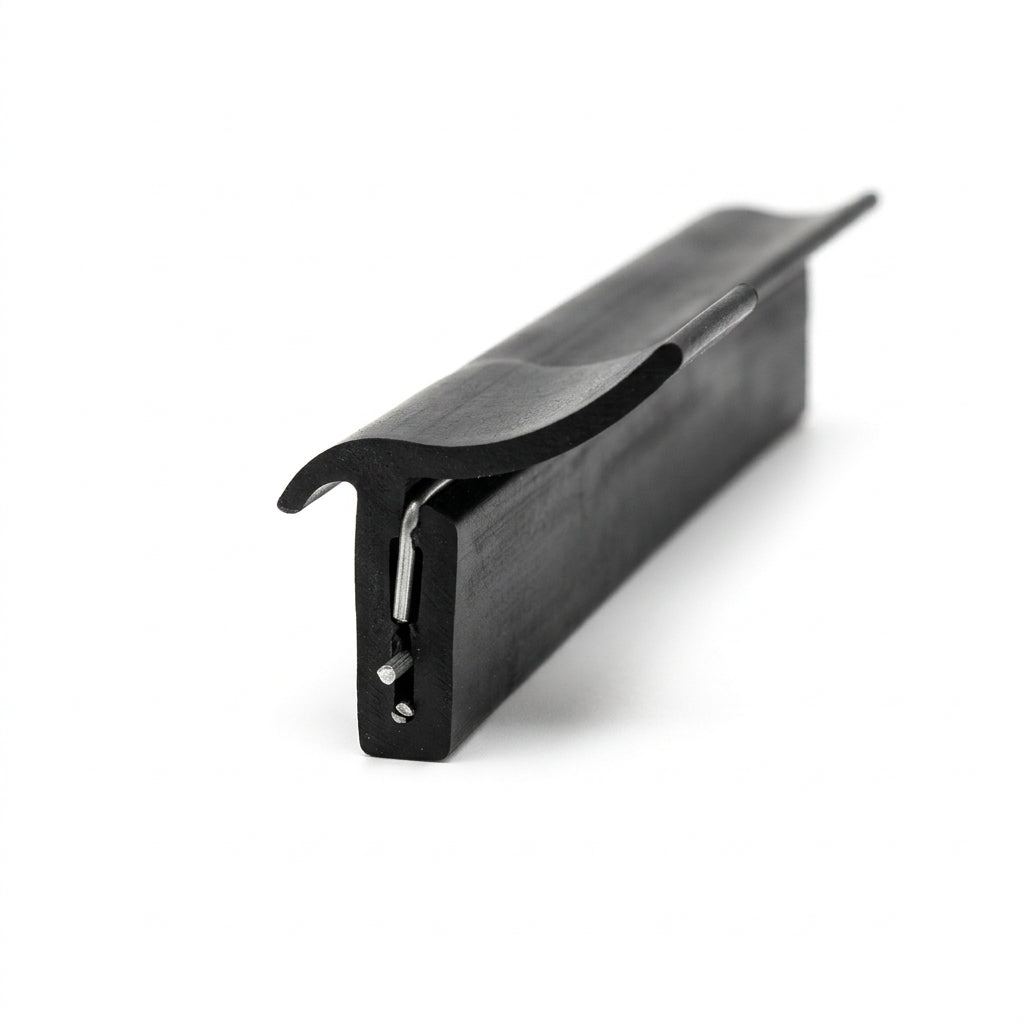 Black outer waist seal profile with metal reinforcing insert, studio shot