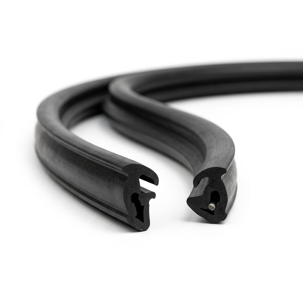Black rubber outer waist seals, coiled pair showing keyhole profile, studio shot