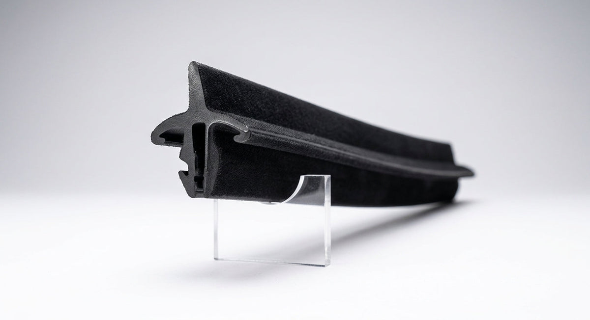 Black flocked rubber door seal profile on a stand, white background