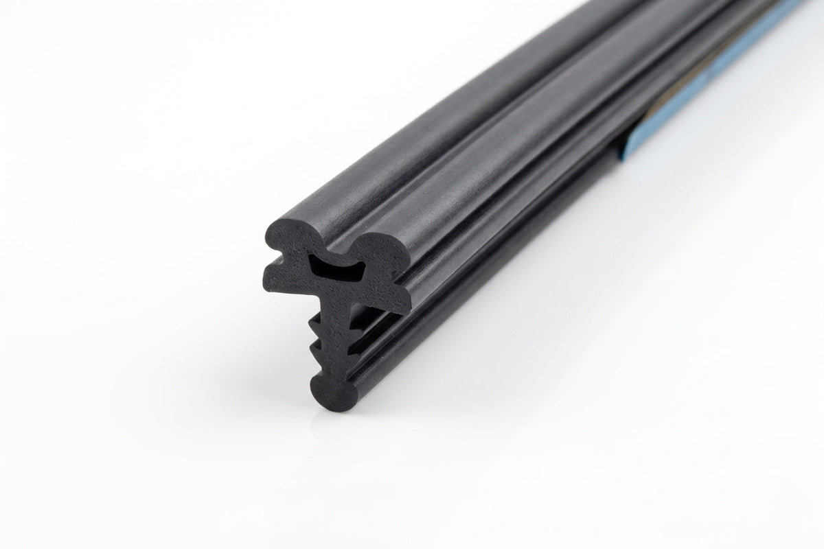 Twin-bulb rubber weatherseal profile with blue backing tape, studio close-up
