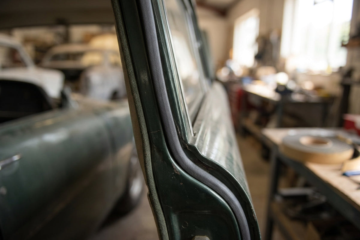 Self-adhesive foam strip fitted along a green classic car's rear window trim