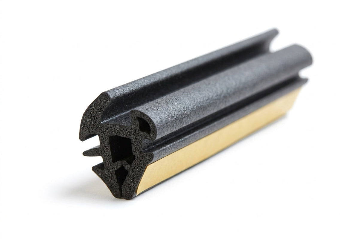 Twin-bulb black rubber weatherseal profile with gold adhesive backing, studio shot