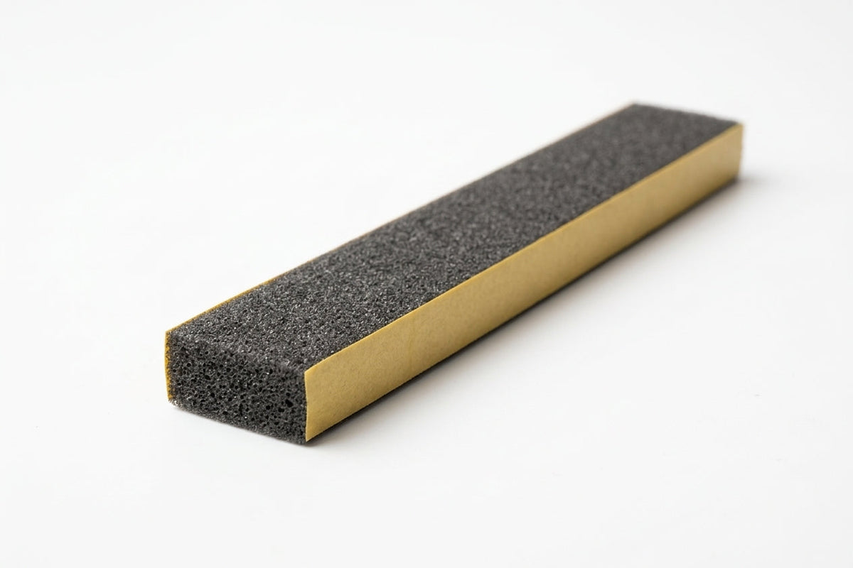 Charcoal open-cell foam strip shown with gold adhesive backing, textured surface