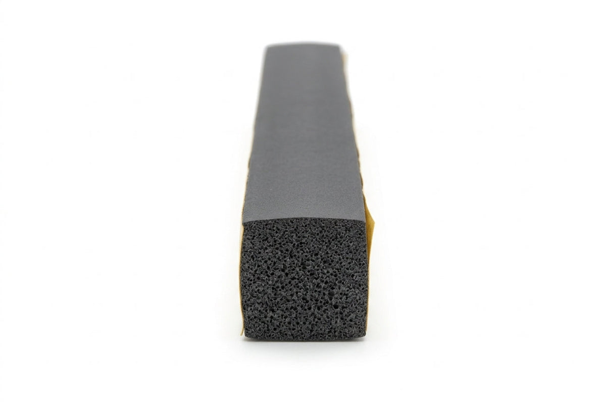 Grey-skinned foam strip shown end-on, revealing its dark open-cell foam core