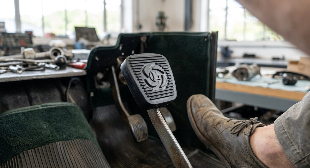 Rubber pedal pad fitted to a clutch pedal, workshop view with foot resting on it