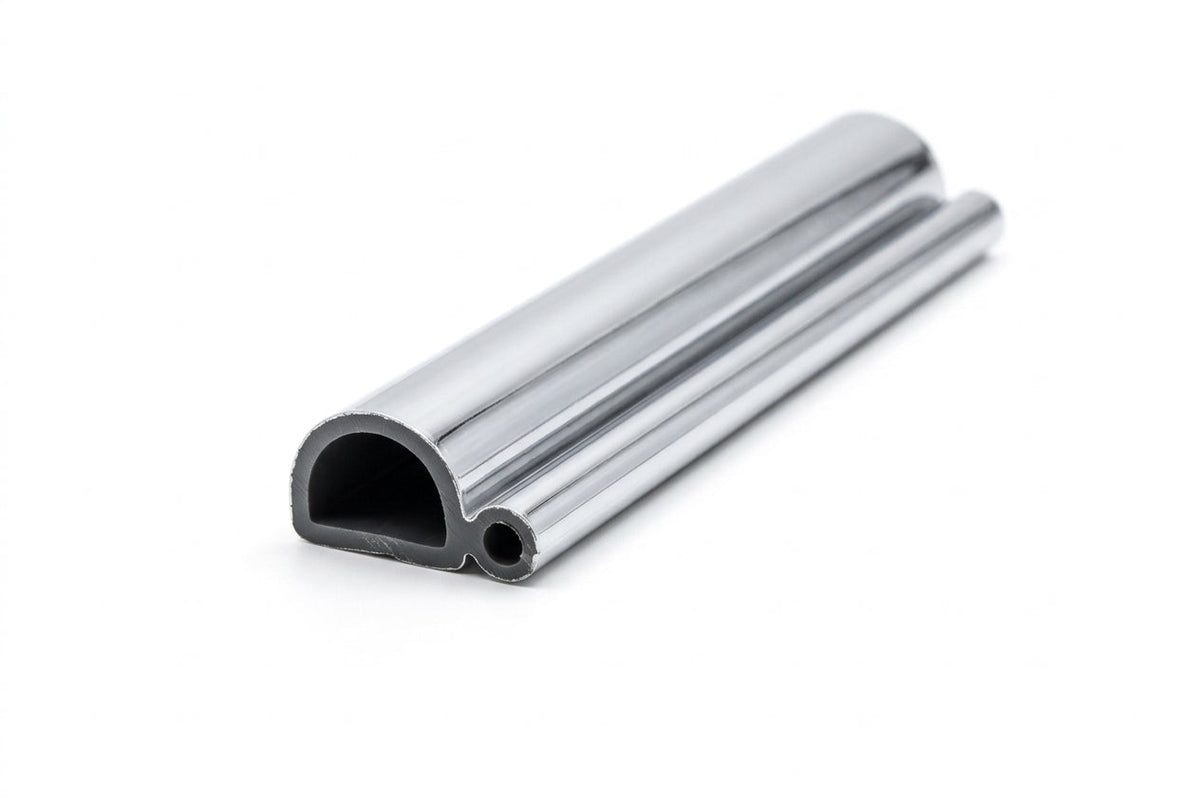 Curved length of chrome plastic trim with D-shaped hollow bead and rubber grip channel