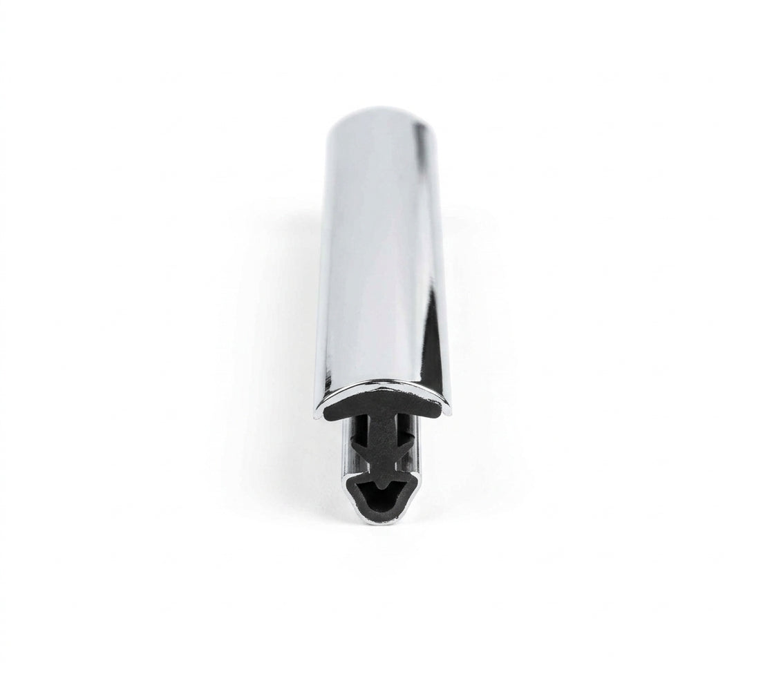 Chrome PVC insert strip with black rubber locking bead, studio white background