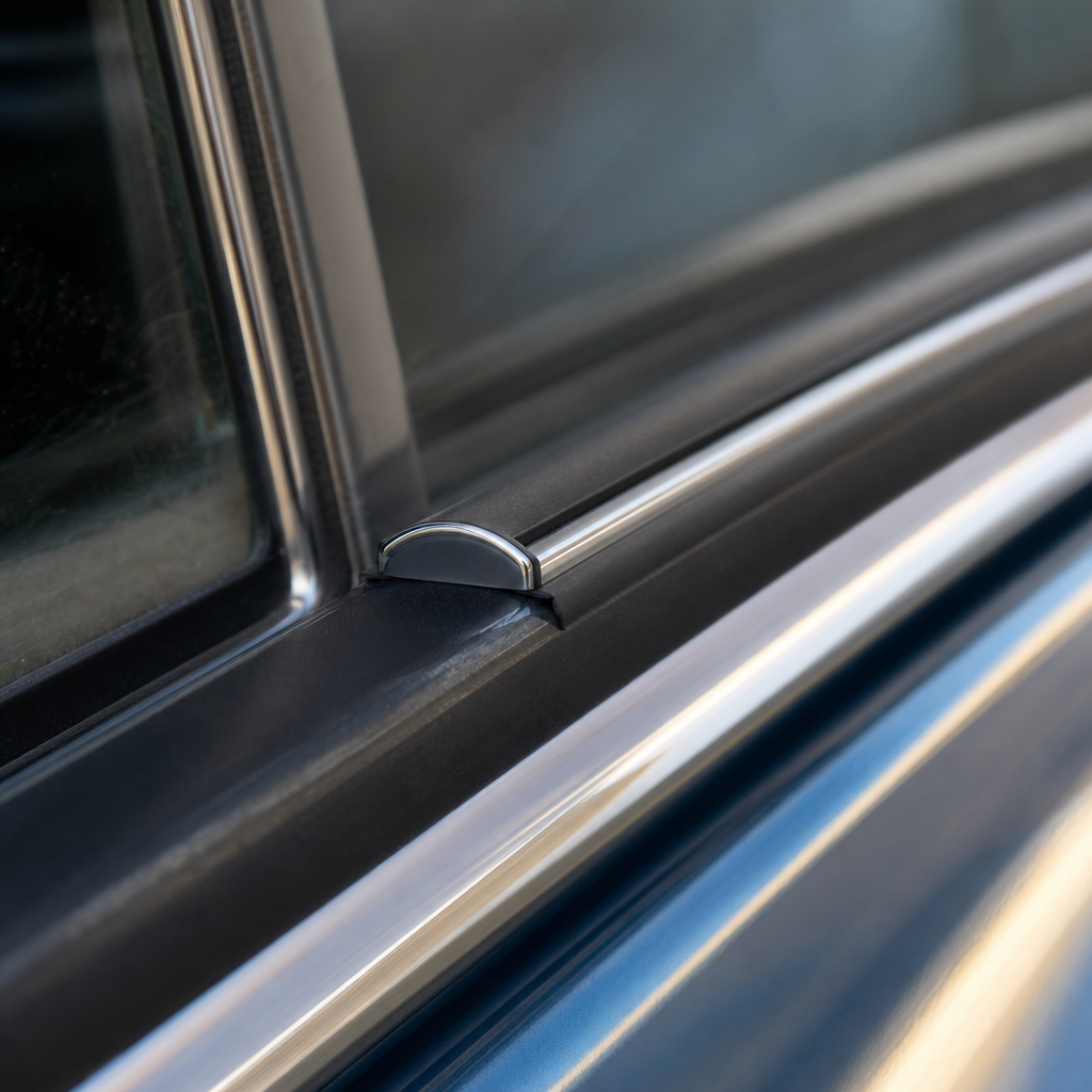 Chrome insert fitted along a car door window channel, close-up in situ