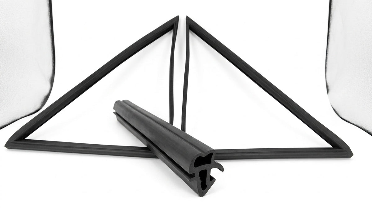 Two black triangular quarterlight seal frames crossed over a straight seal, white background