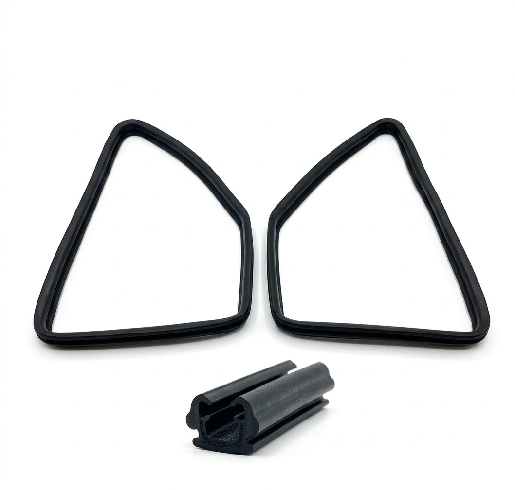 Pair of curved black quarterlight seals plus a straight seal piece, white background