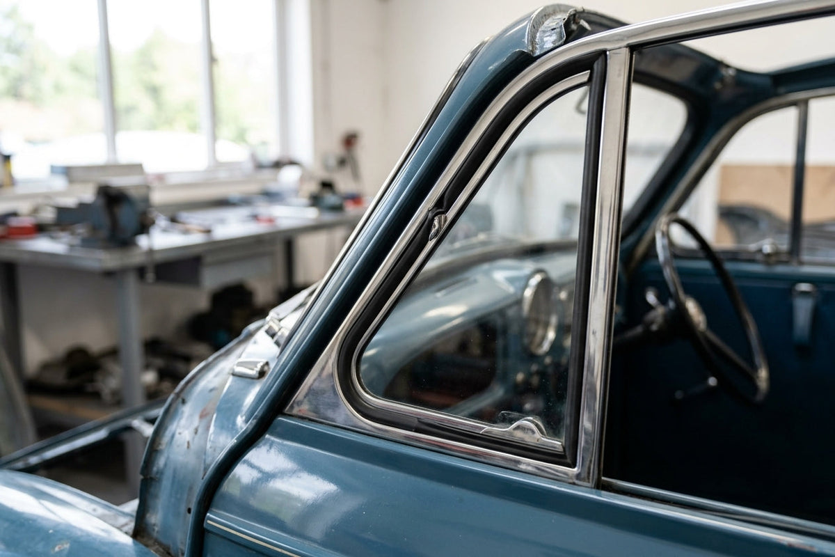 Seal mounted on the chrome quarterlight frame of a blue convertible's cabin