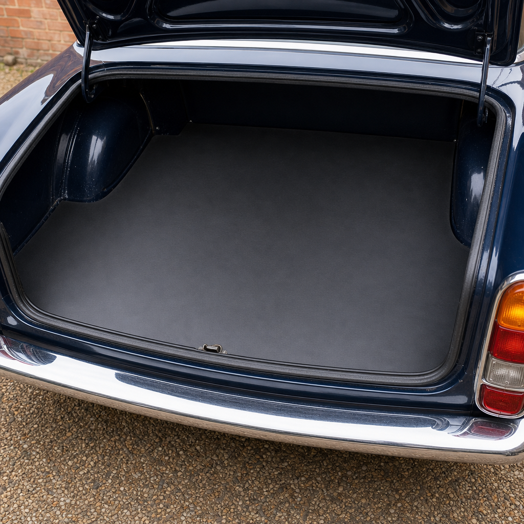 Black rubber matting fitted in the boot of a classic car