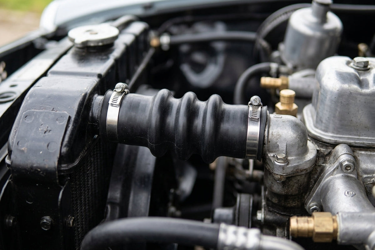 Short black concertina hose with jubilee clips joining the radiator top tank to the engine water outlet