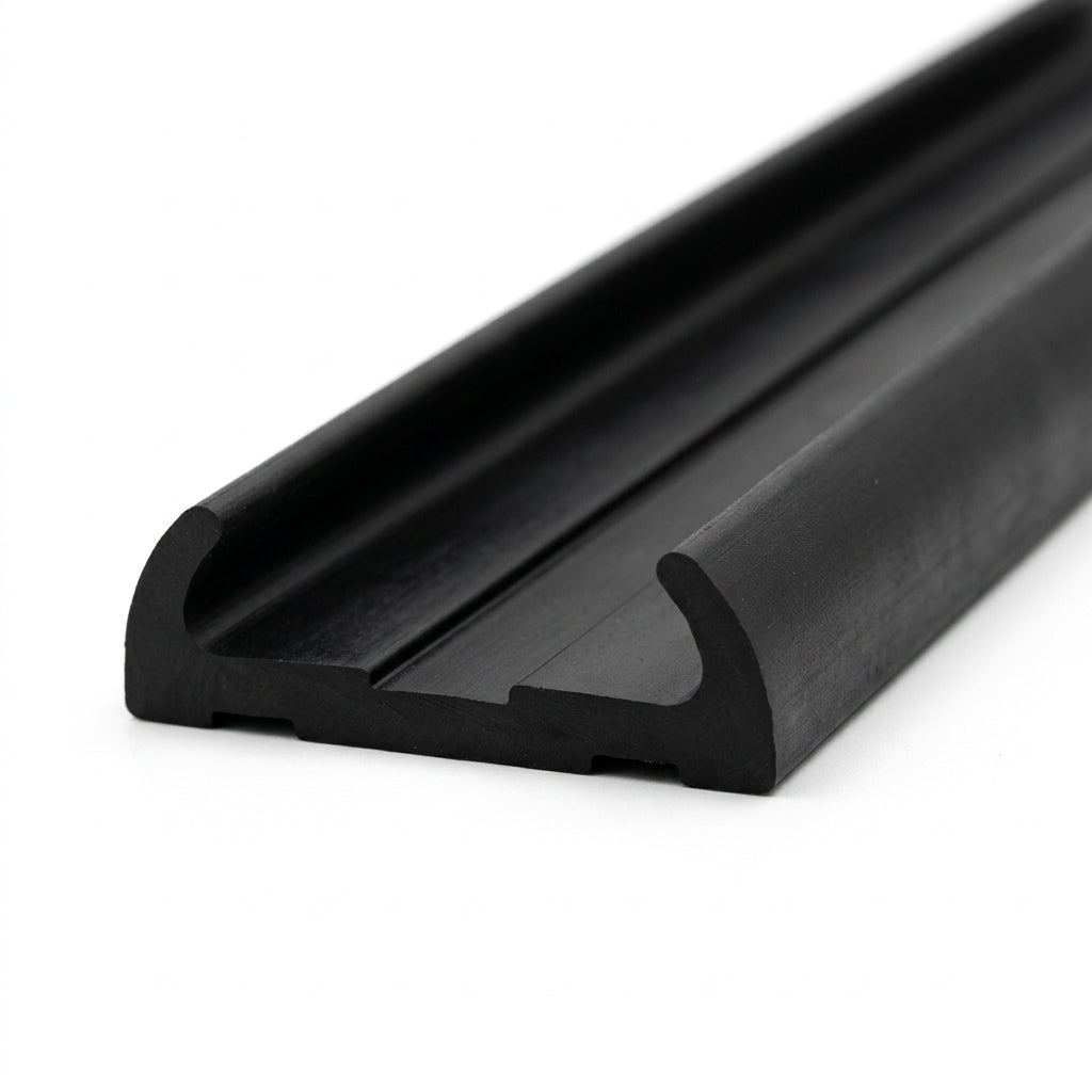 Black rubber running board tread with twin ridges, angled studio shot