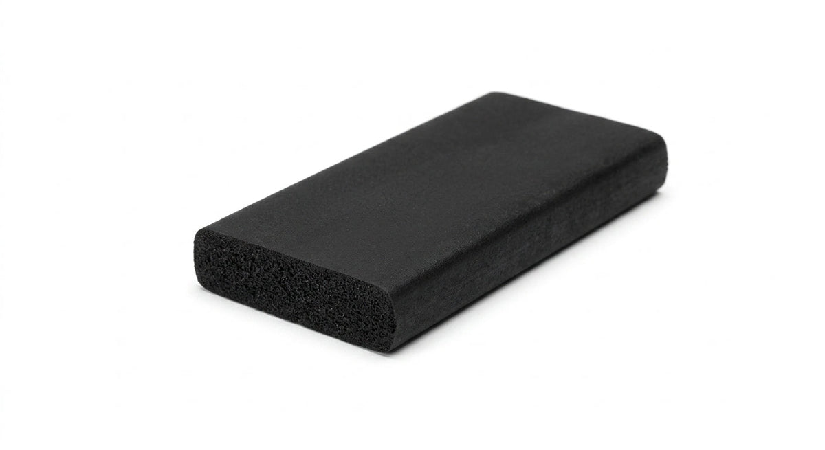 Flat black sponge rubber strip with rounded edge, cut end showing porous texture, studio shot