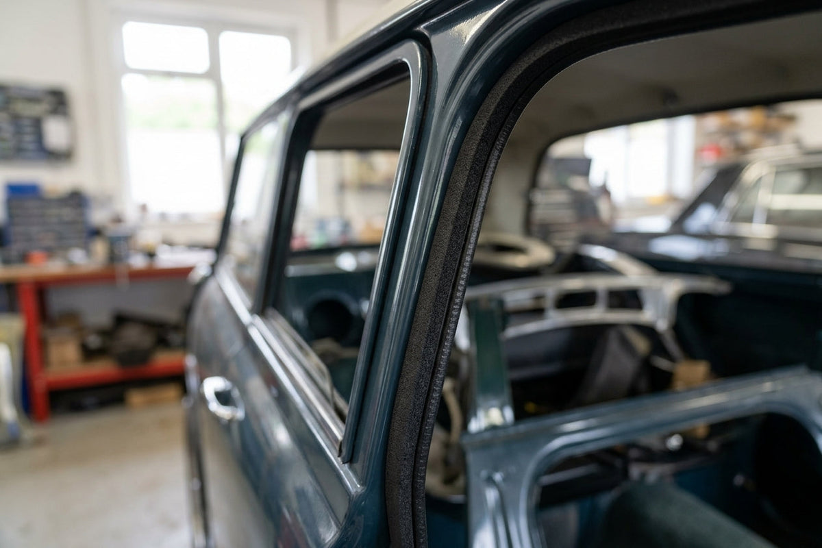 Black sponge strip fitted around a door aperture pillar of a dark classic car